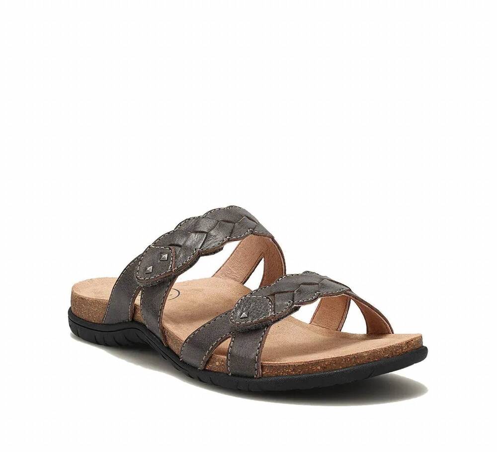 NEW TAOS women's braidie leather slide sandal in dark grey